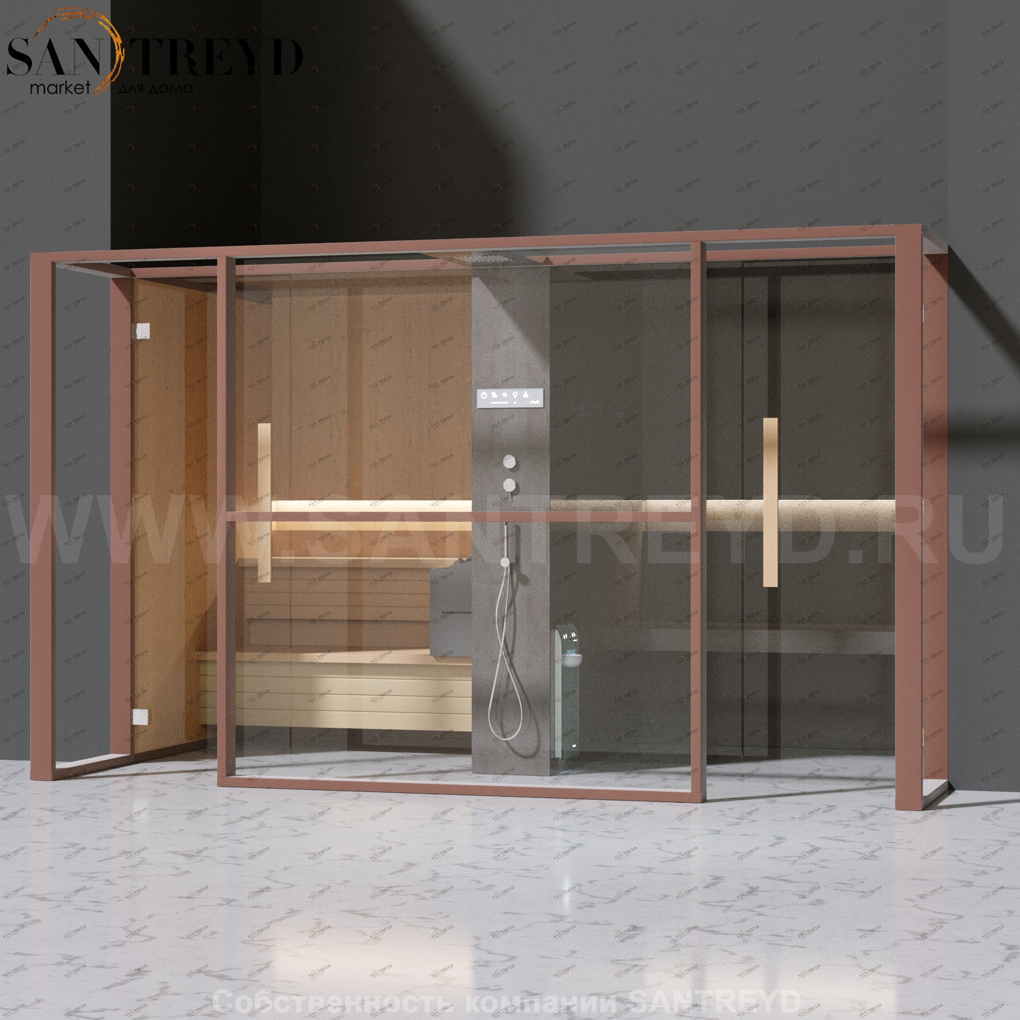 Effegibi LOGICAFILO LO11030007 Комбинированная баня: хаммам и сауна. Установка: в полунишу. Мощность: 10,5 кВт макс. Размеры: длина 373 см, ширина 250 см. Отделка: канадский хемлок, матовый лакированный коричневый аллюминий и темный ламинат из керамограни