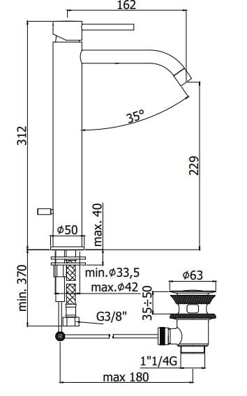Высокий смеситель для раковины с автоматическим сливом RUBINETTERIA PAFFONI Light ARCH-00011294