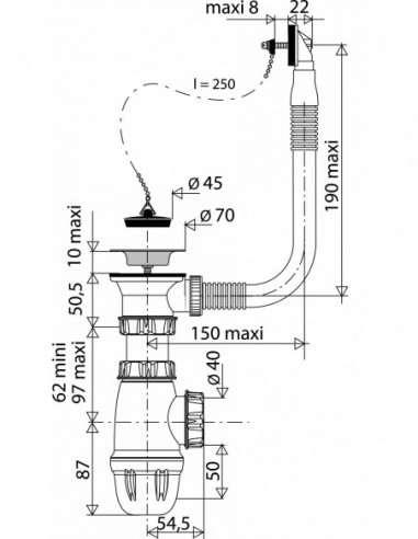 865900 000 00  Оборудование для мойки на 1 чашу с переливом и цепной пробкой, Д. 50 мм, регулируемый сифон NF Valentin Сталь  - Вид №2