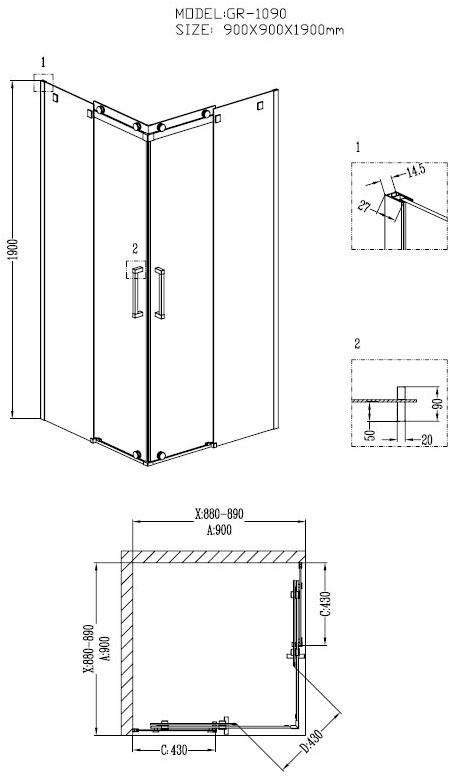 Душевое ограждение GROSSMAN GR-1090 Cosmo 90*90*190 квадрат, двери раздвижные - Вид №1