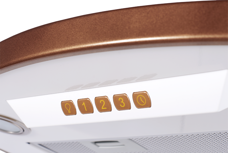 BONA 60 W Bronze Настенная вытяжка, ширина 60 см, отвод/рециркуляция, 650 м3/час, электронное управление, 3 скорости, галогеновое освещение 2х20 вт, анодированные алюминиевые жироулавливающие фильтры, угольный фильтр с6с (опция), 42 дб, цвет белый, отделк Santreyd  - Вид №2