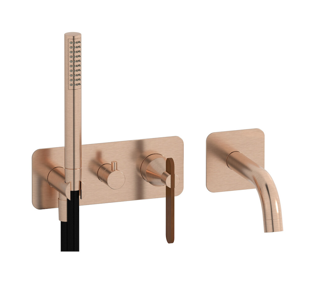 Настенный смеситель для ванной на дивертером и душевым гарнитуром. WE ARE IB oh200sr Brushed Rose Gold Soho