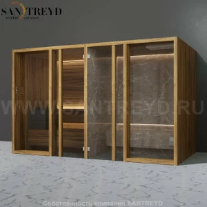 Effegibi YOKU.G SH YO.30220002 Комбинированная баня: хаммам и сауна. Установка: в правый угол. Мощность: 10,5 кВт макс. Размеры: длина 342 см, ширина 170 см. Отделка: термообработанное дерево и темный керамогранит