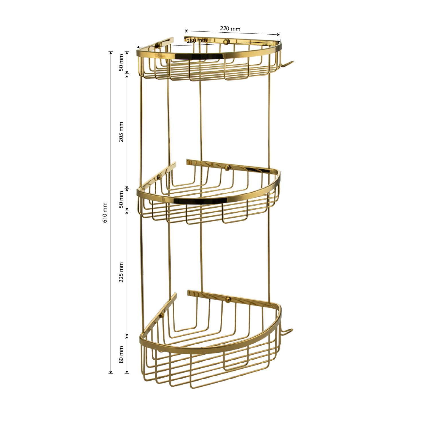 GFmark - Полочка угловая, овальная, тройная, 22 см, решетка - ЗОЛОТО, код: 77256  - Вид №7