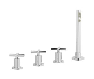 Смеситель на бортик ванной на 4 отверстия с изливом, дивертером и душевым гарнитуром. WE ARE IB wo700np Chrome WOW