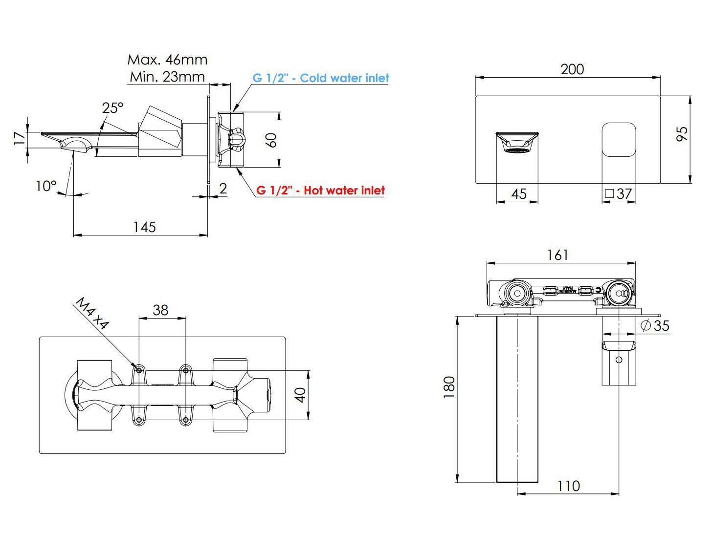 Однорычажный настенный смеситель для раковины с пластиной Rubinetterie Mariani Icon-Q ARCH-00011309 - Вид №2