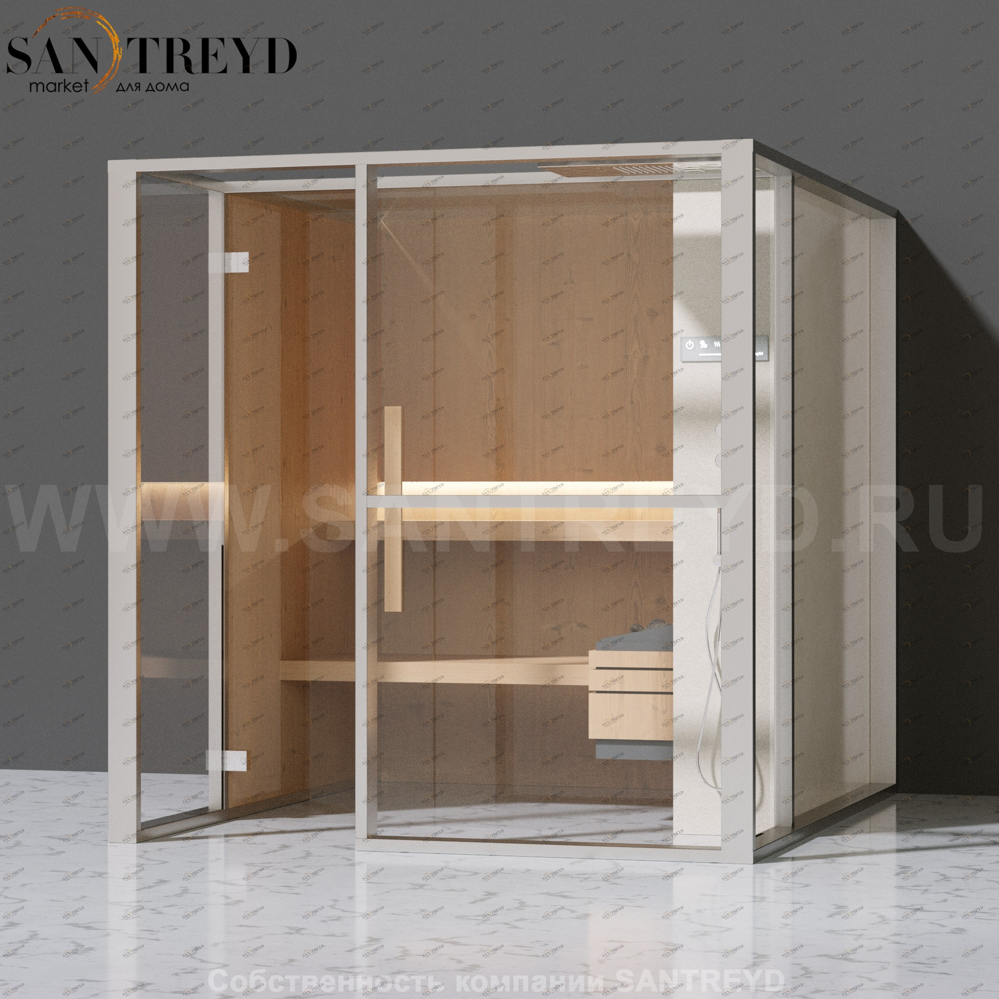 Effegibi LOGICAFILO S LO21020001 Сауна. Установка: к стене. Правая дверь. Мощность: 6 кВт макс. Размеры: длина 214 см, ширина 250 см. Отделка: канадский хемлок, Отделка: канадский хемлок, матовый лакированный белый аллюминий и серый ламинат из керамограни