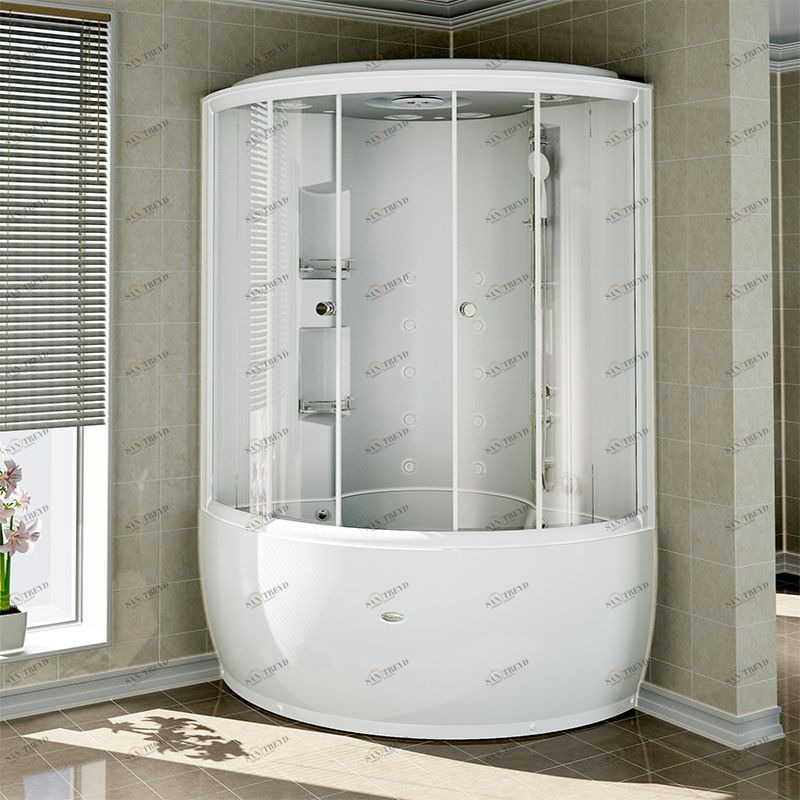 Душевой бокс "ЛАУРА компл.2" с крышей типа "сендвич", чаша ванны, рама-подставка, слив-перелив полуавтоматический, фронтальная панель, боковые стенки, крыша, стеклянные шторки (матовые), стандартный гидромассаж (4 форсунки по периметру, 3 форсунки спинног Radomir 1041050891