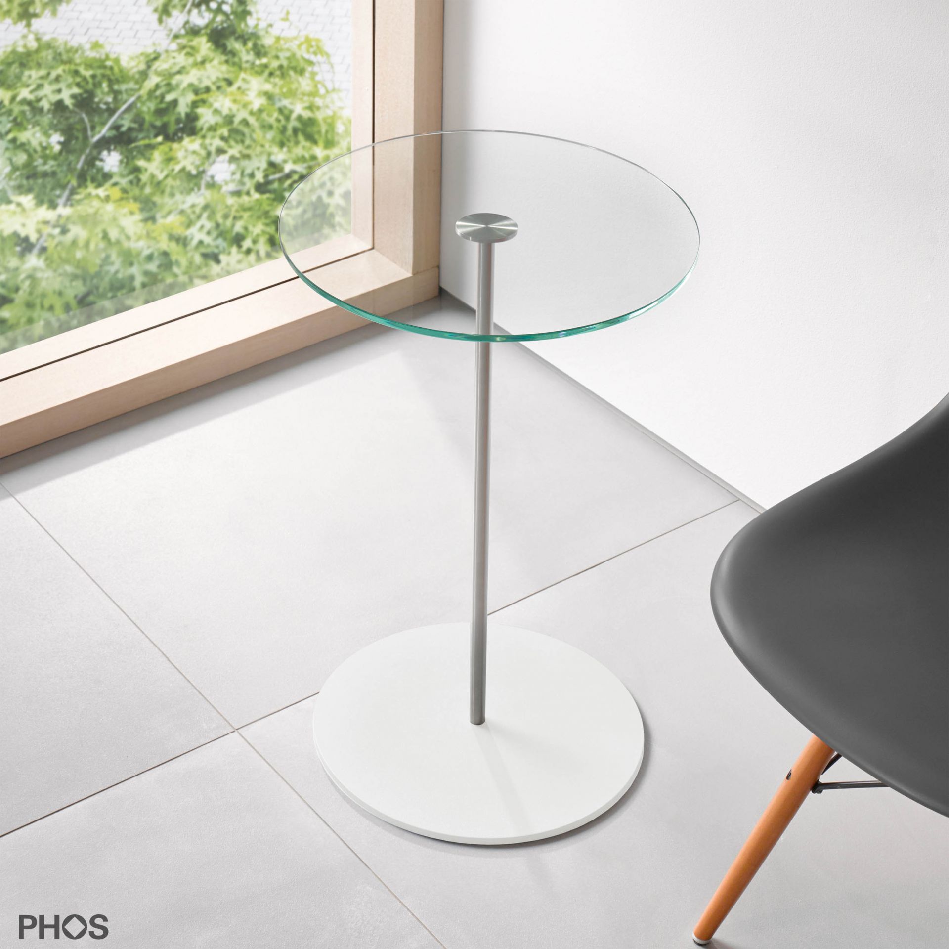 BT600G-BPW Приставной столик со стеклянной полкой, высота 60 см, основание: белое PHOS 