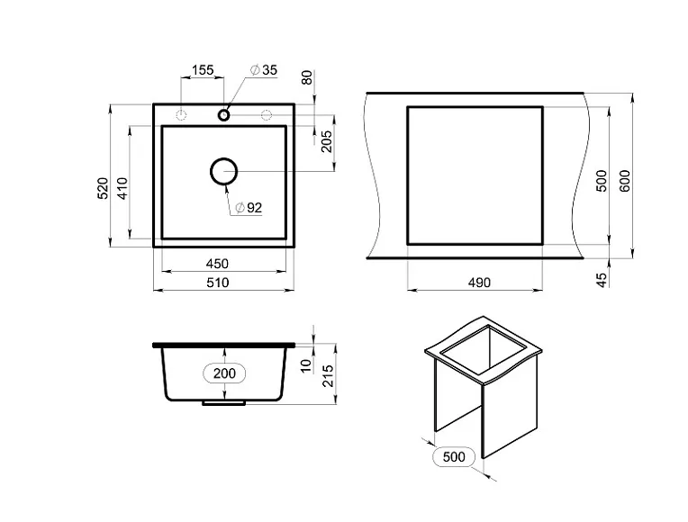 5102, ТУРМАЛИН, кухонная мойка, кварц GRANULA 5102-ST110 - Вид №3