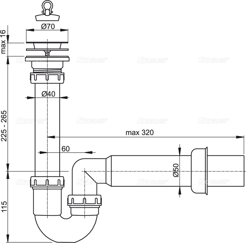 Сифон трубчатый с нержавеющей peшeткой DN70 ALCAPLAST A800DN50 - Вид №1
