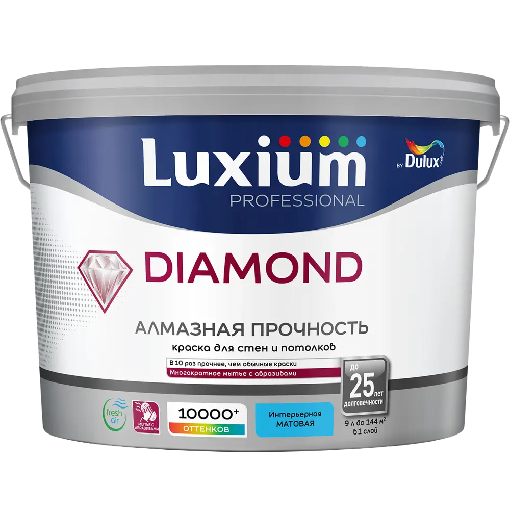 Краска для стен и потолков моющаяся Luxium Diamond матовая цвет белый база BW 9 л STLM-2016539