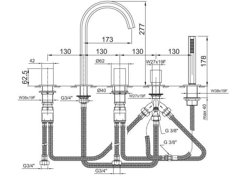 Набор для ванны с 5 отверстиями и ручным душем Fantini Rubinetti Венеция ARCH-00014543 - Вид №2