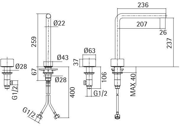 Quadrodesign Смеситель для раковины на 3 отверстия Stereo sun-id-1374786 - Вид №1