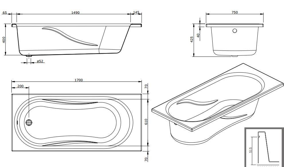 Ванна акриловая Sanindusa Aveiro 170x75 8031000000 - Вид №1