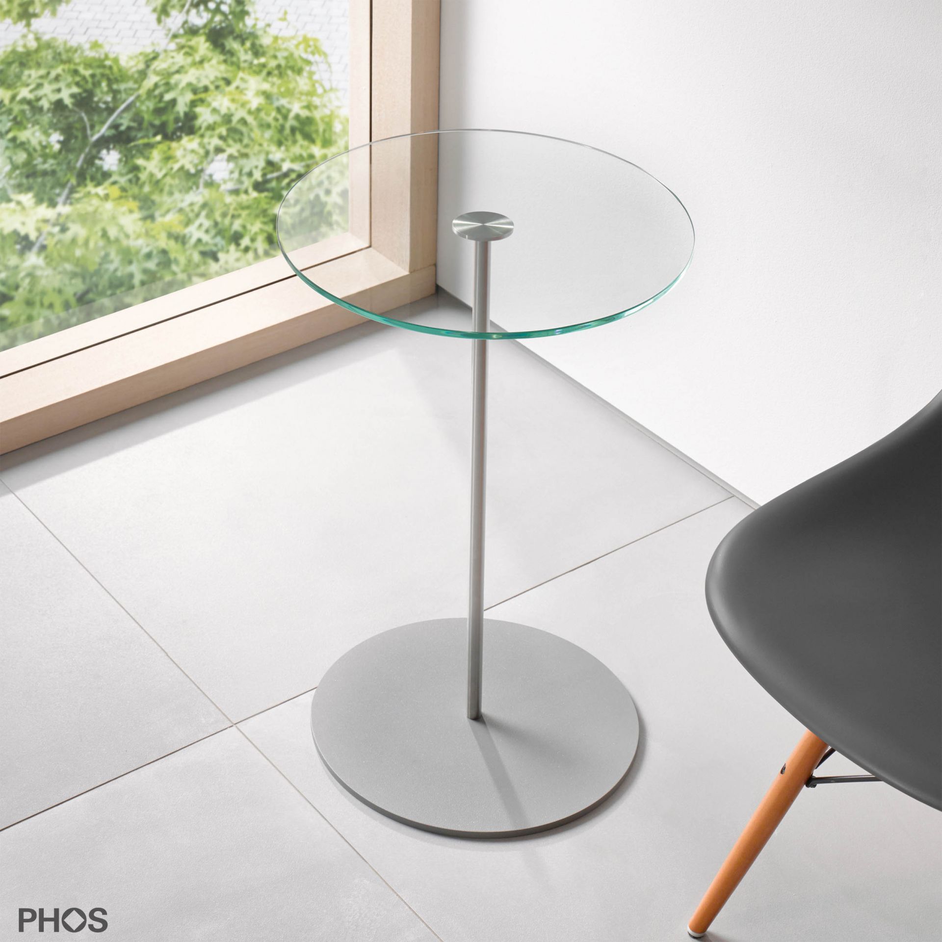 BT600G Приставной столик со стеклянной полкой, высота 60 см, основание: серое PHOS 