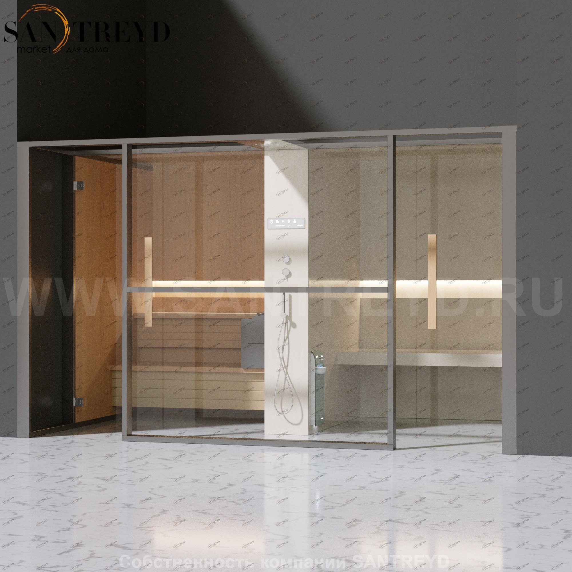 Effegibi LOGICAFILO LO11010008 Комбинированная баня: хаммам и сауна. Установка: в нишу. Мощность: 10,5 кВт макс. Размеры: длина 373 см, ширина 250 см. Отделка: канадский хемлок, матовый лакированный серый аллюминий и бежевый ламинат из керамогранита.