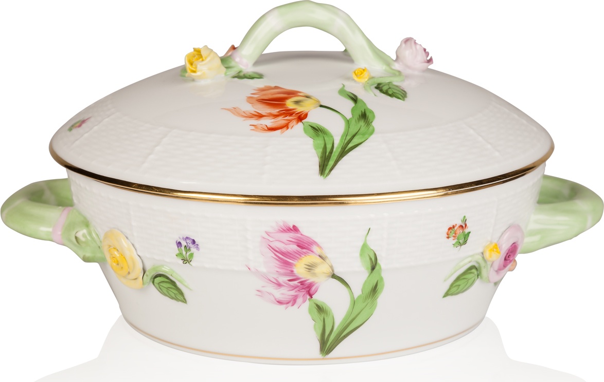 10609023 Herend Блюдо для горячего с крышкой 1,8л "Китти" (с веточкой) Фарфор 