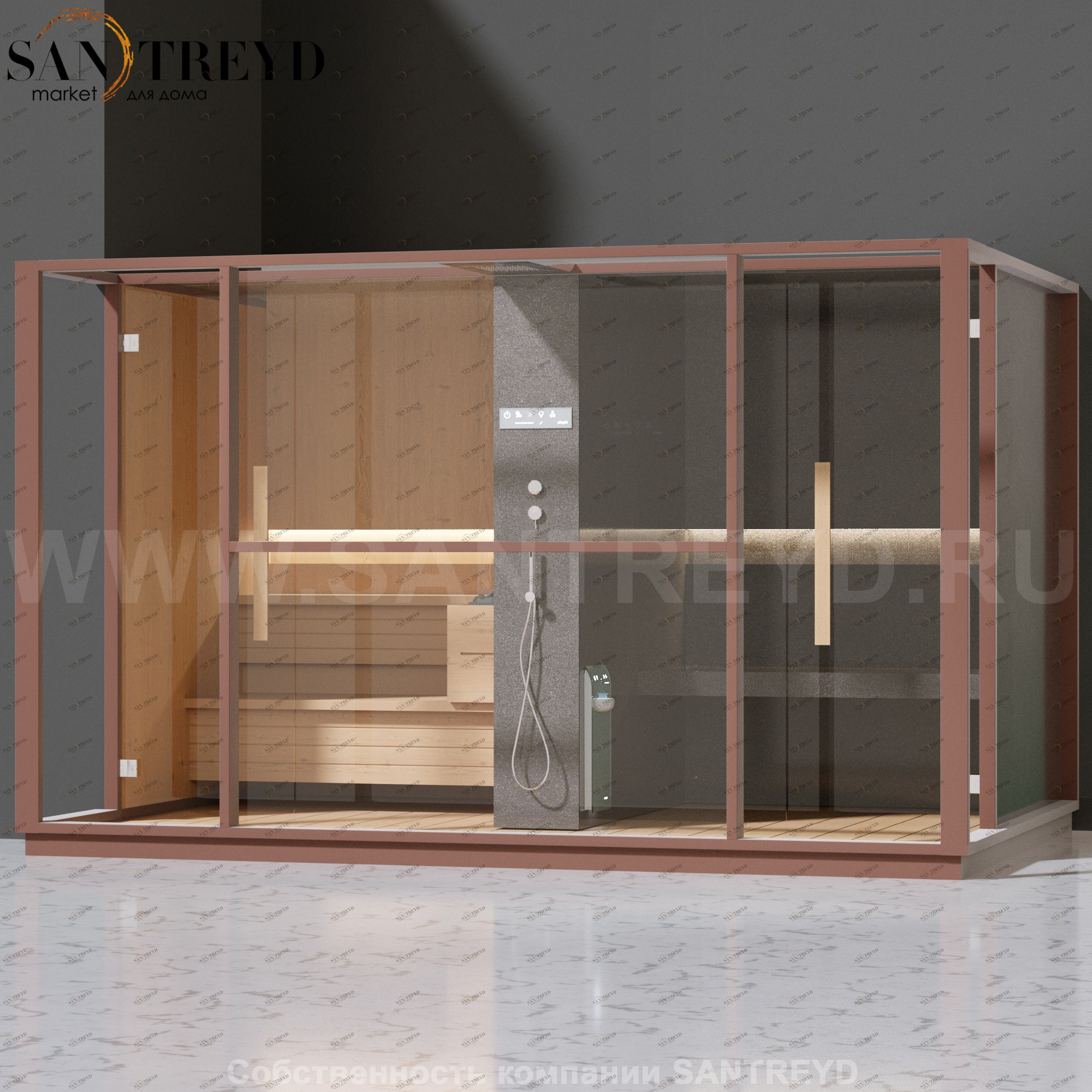 Effegibi LOGICA LO10030004 Комбинированная баня: хаммам и сауна. Установка: в левый  полуугол. Мощность: 10,5 кВт макс. Размеры: длина 373 см, ширина 250 см. Отделка: канадский хемлок, матовый лакированный коричневый аллюминий и темный ламинат из керамогр