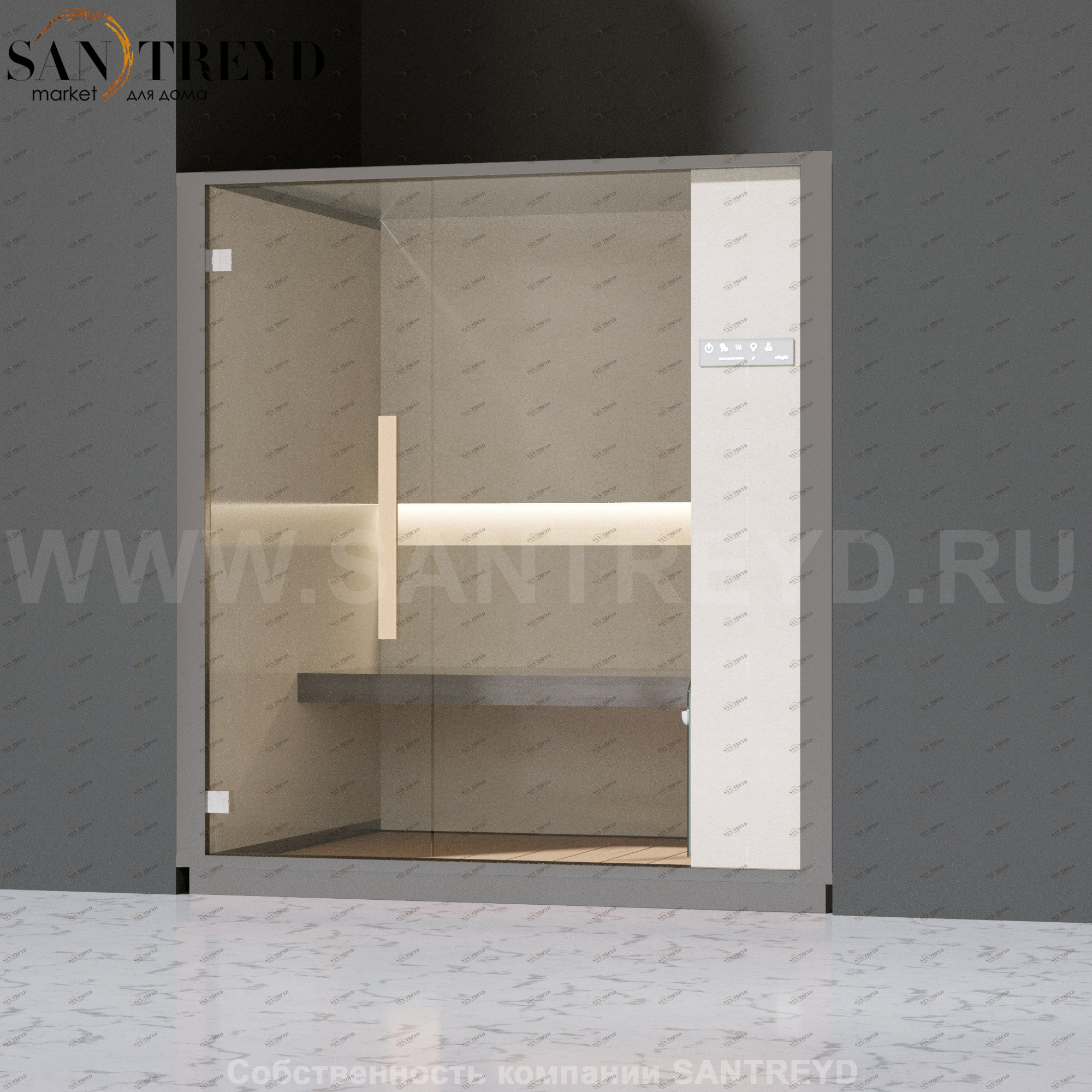 Effegibi ONE H LO60010009 Хаммам. Установка: в нишу. Правая дверь. Мощность: 4,5 кВт макс. Размеры: длина 214 см, ширина 171 см. Отделка: матовый лакированный серый аллюминий и бежевый ламинат из керамогранита.