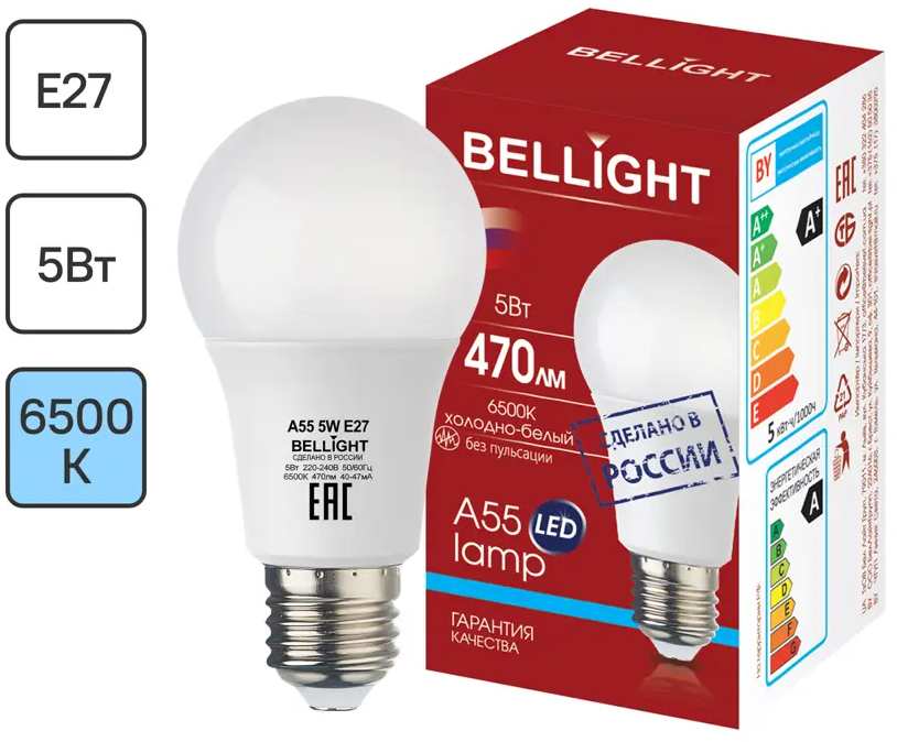 Светодиодная лампа BELLIGHT Е27 5W груша холодный белый 86363994