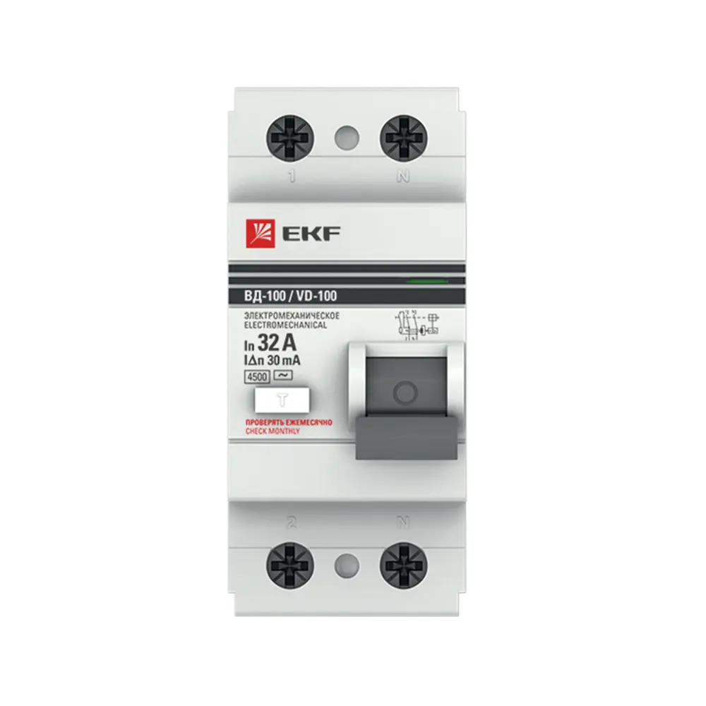 УЗО EKF ВД-100 2P 32 А 30 мА 4.5 кА АС elcb-2-32-30-em-pro 82423024 STLM-2170663  - Вид №1