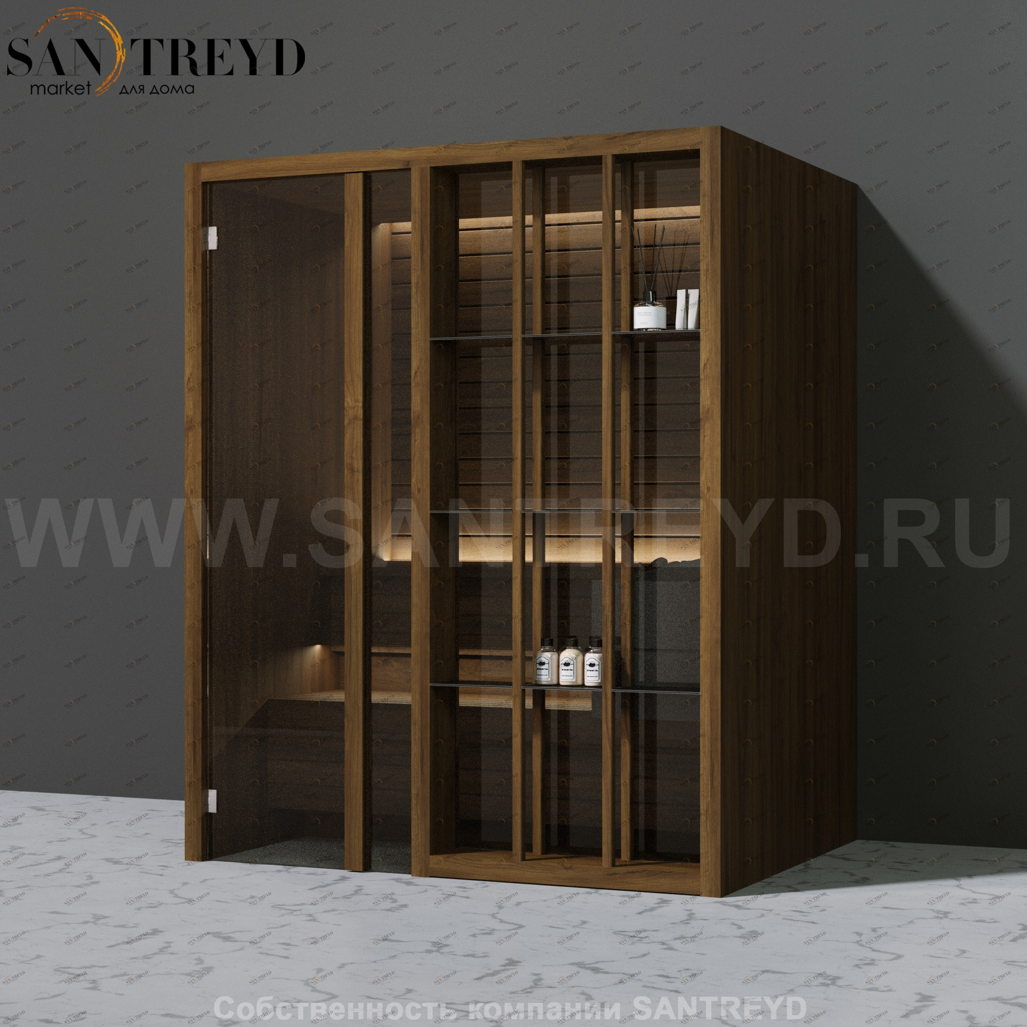 Effegibi YOKU.S45 SA.70100020 Сауна с левой дверью. Мощность: 4,5 кВт макс. Размеры: длина 174 см, ширина 132 см. Отделка: чёрный орех SA70100020