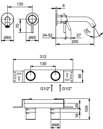 Настенный смеситель для раковины с 2 отверстиями Fantini Rubinetti NOSTROMO ARCH-00095829 - Вид №2