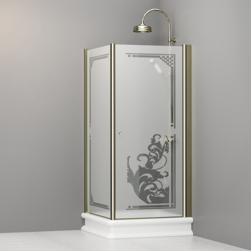 9147P1 Душевая кабина SX с распашной дверью и фиксированной боковой частью для душевого поддона 90x90 квадрат, цвет Золотистый Kerasan RETRO Италия 