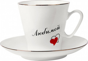 10526689 Императорский фарфоровый завод Чашка с блюдцем "Сердечки 3" "Чёрный кофе" Фарфор костяной