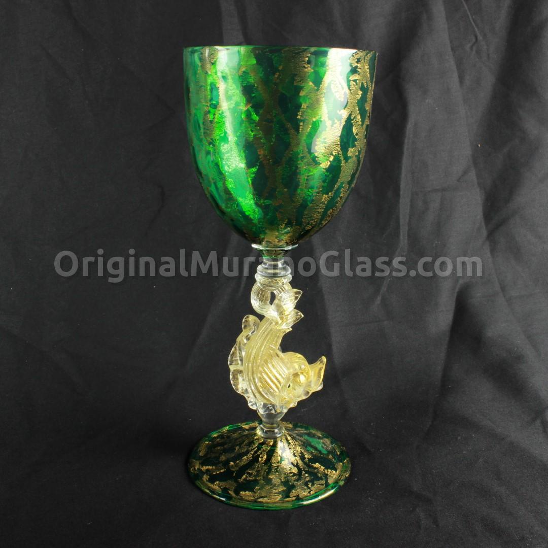 384 ORIGINALMURANOGLASS Венецианский кубок Изумрудный - Smeraldo с золотой рыбкой - муранское стекло OMG 10 см  - Вид №1