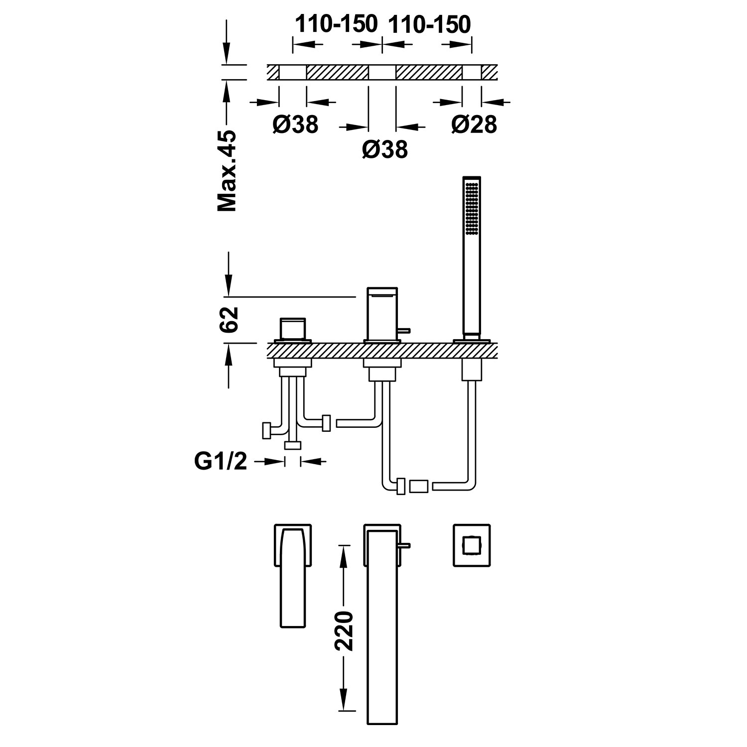 ТОНКИЙ смеситель для ванны с одной ручкой -20216101OM TRES  - Вид №1