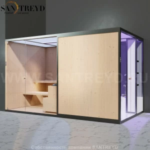 Effegibi BODYLOVE SH BL45140004 Боковая комбинированная баня: хаммам и сауна. Установка: в левый угол. Мощность: 15 кВт макс. Размеры: длина 393 см, ширина 176 см. Отделка: канадский хемлок, трубчатое стекло и гладкий хемлок.