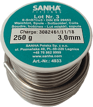 84933 SANHA 4933 припой S-Sn97Cu3  Нр.3, 3,0 мм, катушка, 250 г 3,0mm мм