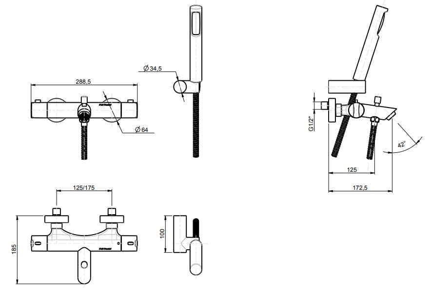 Термостатический смеситель для ванны с ручным душем Rubinetterie Frattini душевые ARCH-00040039 - Вид №2