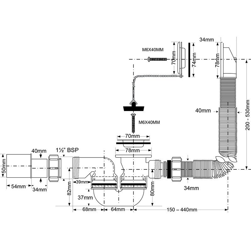 Слив-перелив McALPINE L=310 х 720мм х 34/40 мм. неразборный, с раздвижным пеерливом MRB1EX - Вид №1