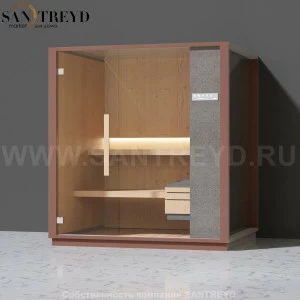 Effegibi ONE S LO50030001 Сауна. Установка: к стене. Правая дверь. Мощность: 6 кВт макс. Размеры: длина 214 см, ширина 171 см. Отделка: канадский хемлок, матовый лакированный серый аллюминий и бежевый ламинат из керамогранита.