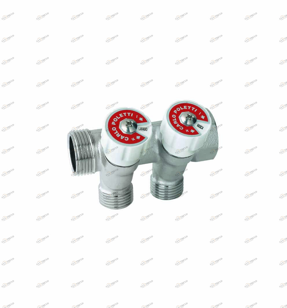 Carlo Poletti C52200QBI35 Коллектор сборный, с регулировочным клапаном. Ручка белая с идентификационными пластинками красный/синий. 2 ответвления, межосевое расстояние 35 мм 