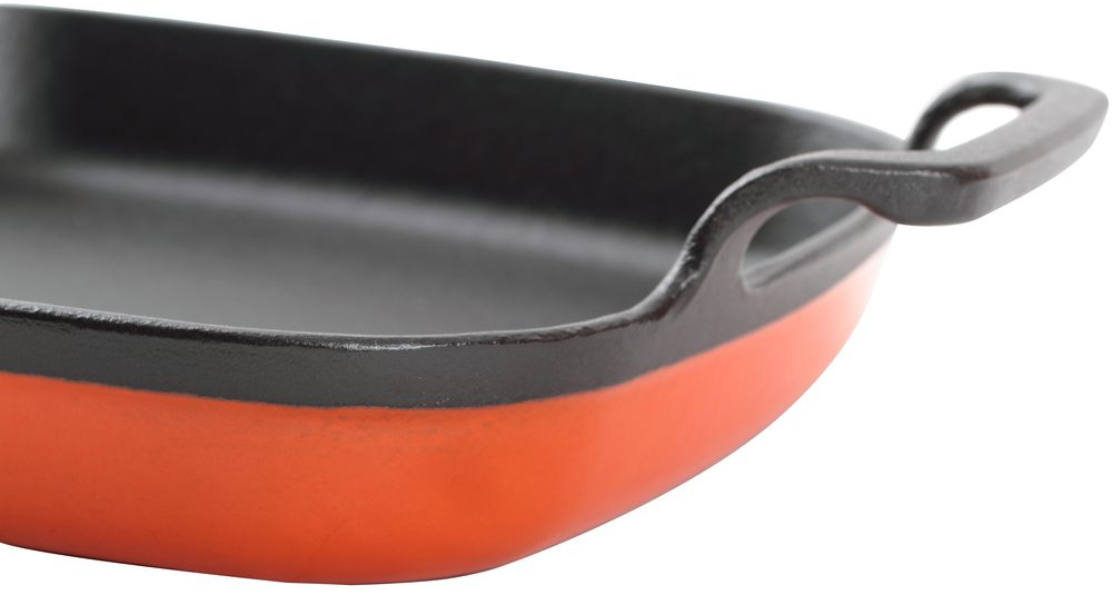 K 1122 Набор посуды / чугунная сковорода с двумя ручками: 100% чугун, высокопрочная внутренняее покрытие, предотвращающее пригорание, быстрый и равномерный нагрев дна, подходит для всех типов нагрева, включая индукционный, наружняя эмаль оранжевого цвета Santreyd  - Вид №4