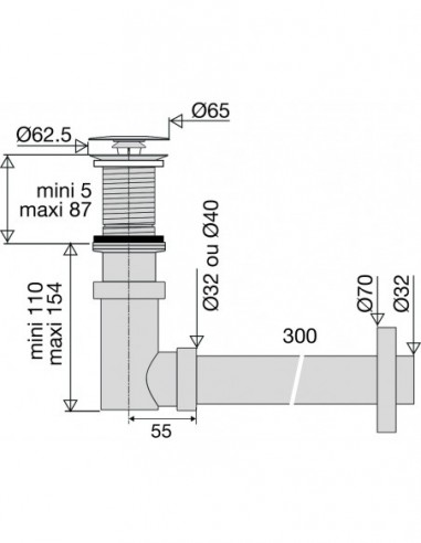 125100 000 00  Универсальный слив и сифон для умывальника или умывальника Siphonette, фиксированный клапан Д. 65 мм, хромированная латунь Valentin Хром  - Вид №2
