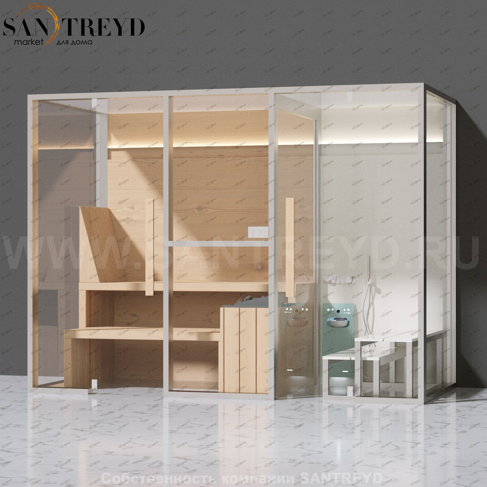 Effegibi MIDFILO LO71020001 Комбинированная баня: хаммам - душ и сауна. Установка: к стене. Мощность: 11 кВт макс. Размеры: длина 300 см, ширина 137 см. Отделка: канадский хемлок, Отделка: канадский хемлок, матовый лакированный коричневый аллюминий и темн