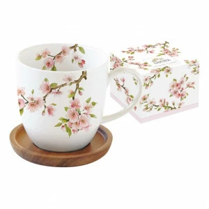 Кружка фарфоровая с крышкой-подставкой из акации 0,35 л белая "Японская сакура" EASY LIFE ЯПОНСКАЯ САКУРА 00-3946523 Белый;коричневый