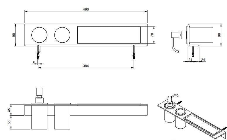 Полка для ванной комнаты с держателем для зубных щеток и дозатором мыла Rubinetterie Treemme 5 мм ARCH-00027404 - Вид №2