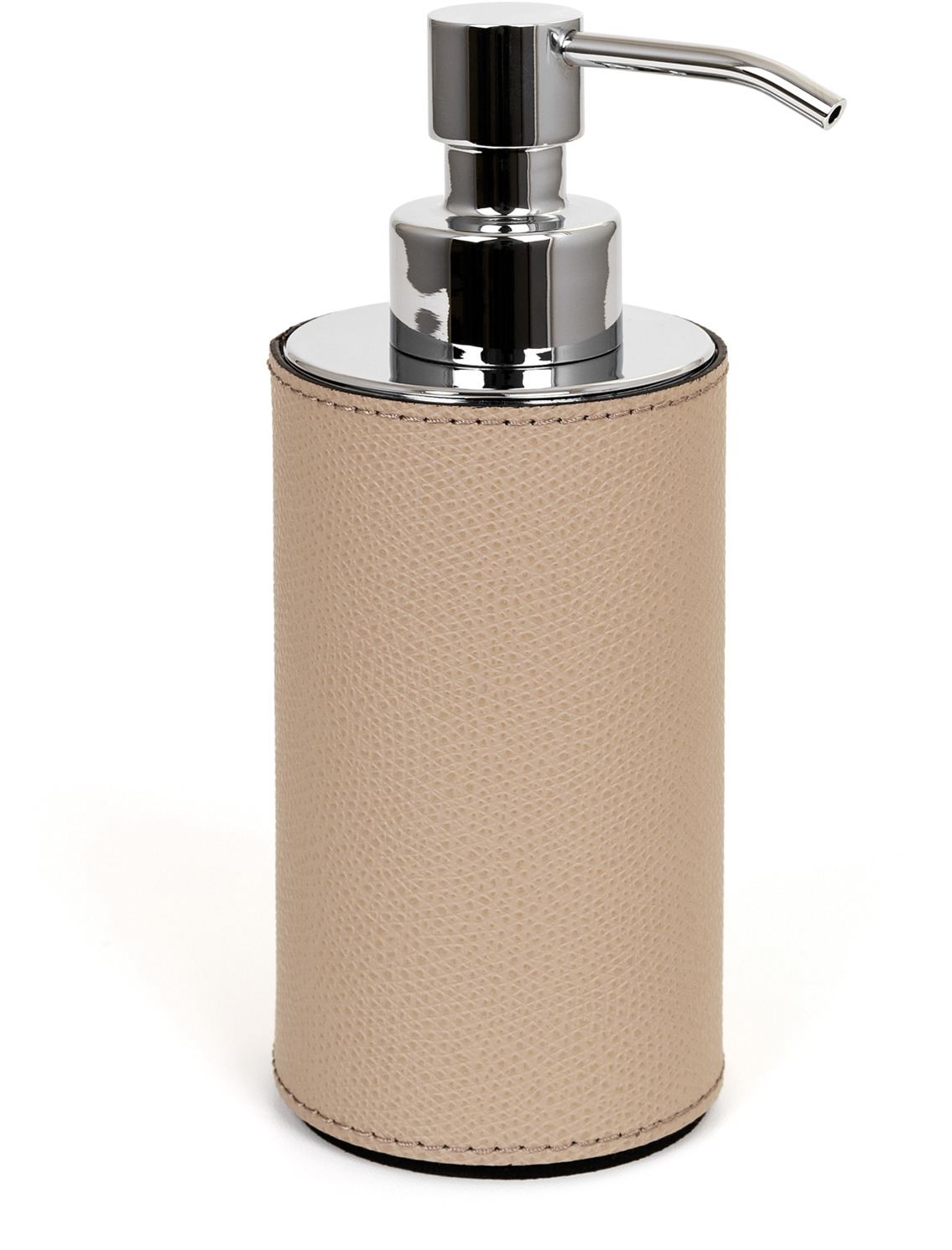 Дозатор для мыла Poseidon круглый - Ø 6XH16,5 см / хромированная металлическая отделка / тканая кожа кремового цвета