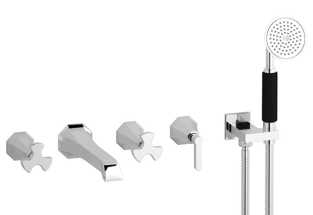 Настенный смеситель для ванной на 5 отверстий с дивертером и душевым гарнитуром. WE ARE IB bt398cc Chrome Belmondo 