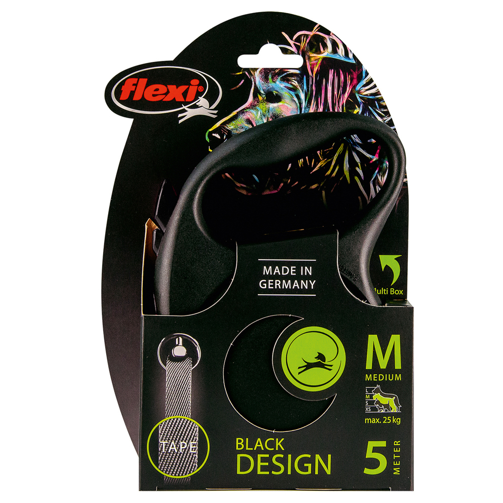 ПР0057826 Рулетка для собак Black Design M (до 25 кг) 5 м лента черный/серебро Flexi  - Вид №1