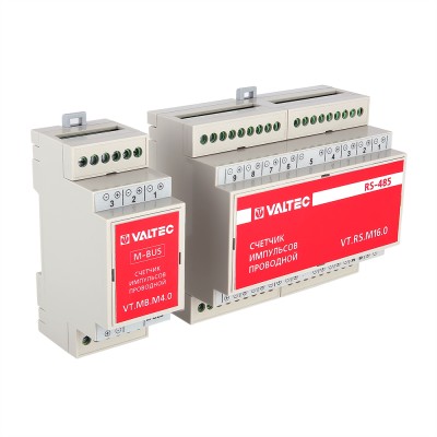 VT.RS.M4.0 Счетчик импульсов проводной универсальный c выходом RS-485 Valtec 4 канала, внешнее питание, крепление на DIN-рейку, IP20 
