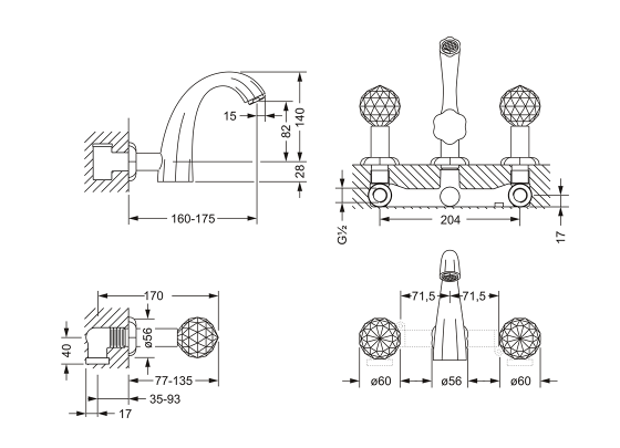 Смеситель для раковины на 3 отверстия ½", настенный монтаж, внешняя часть JOERGER Florale Crystal 600.30.360.000-AA - Вид №1