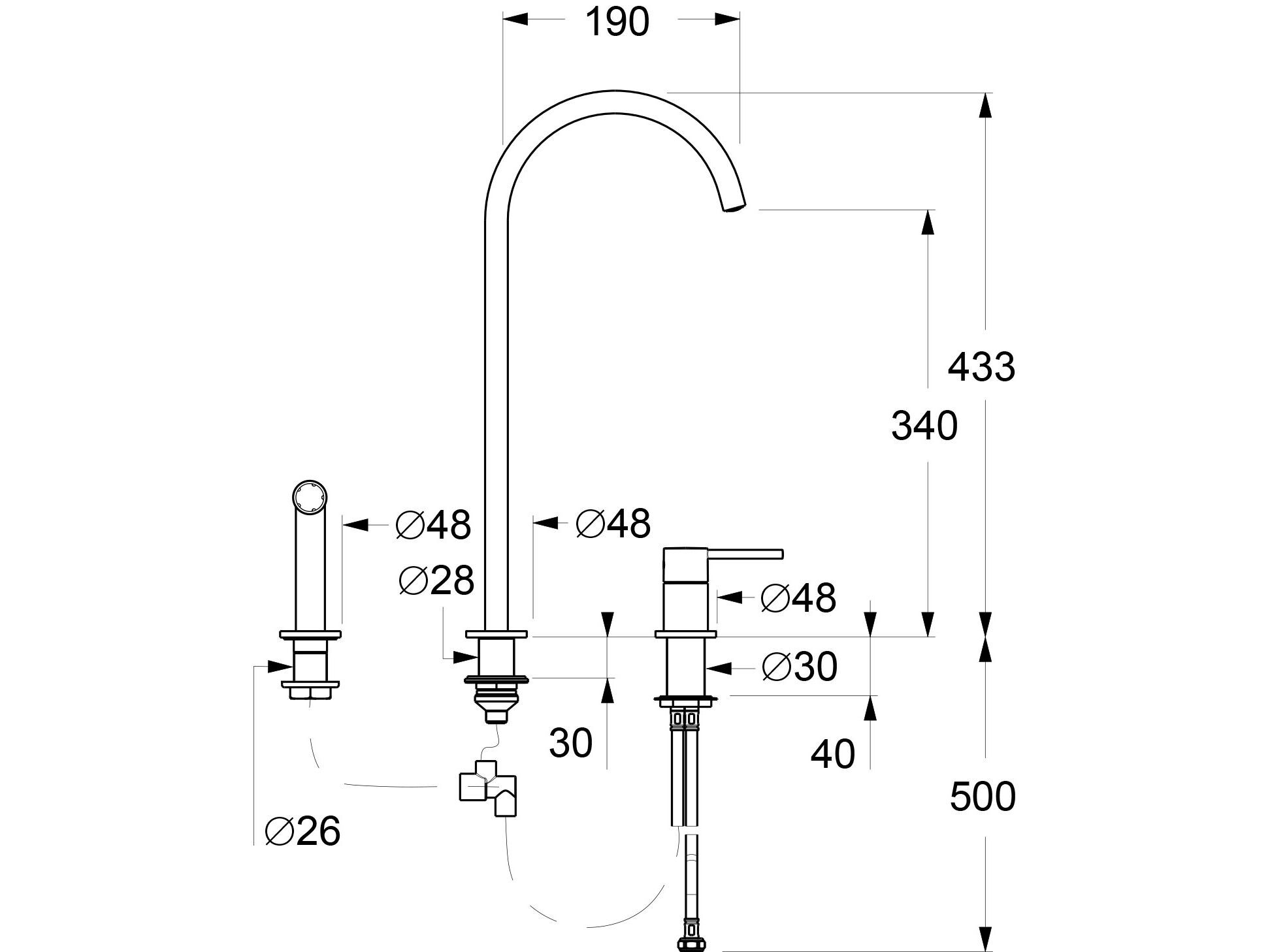 Смеситель для кухни с 3 отверстиями с выдвижным ручным душем GUGLIELMI RUBINETTERIE Sprint ARCH-00056384 - Вид №2