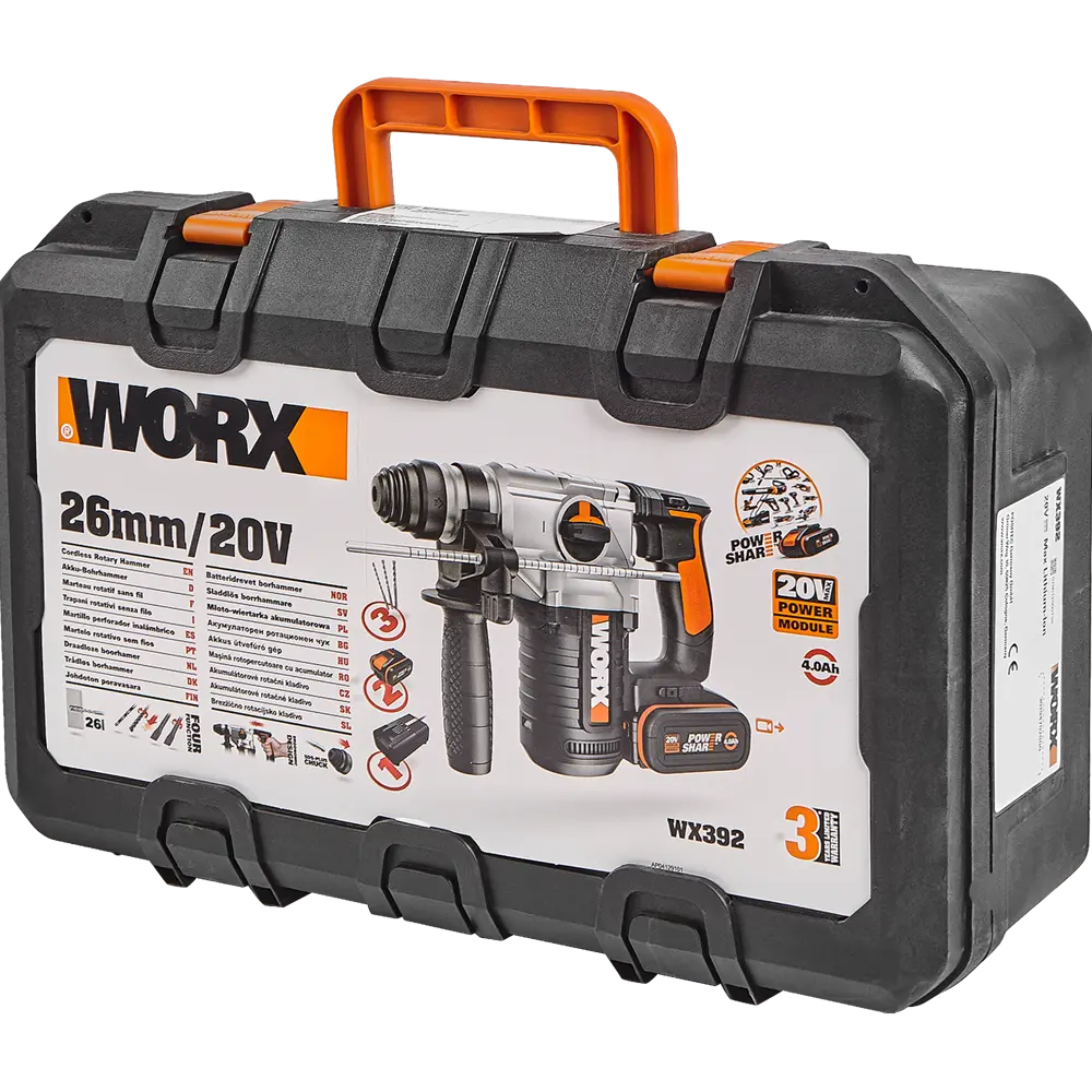 Перфоратор аккумуляторный SDS-plus Worx WX392, 20 В Li-ion 2x4 Ач, 2.2 Дж 82342466 STLM-2159529  - Вид №6